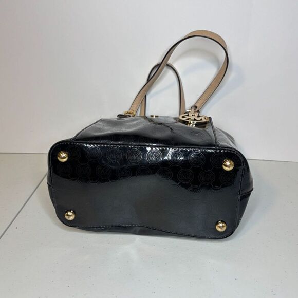 Michael Kors Black Tan Patent Leather Monogram Tote Shoulder Bag Womens Designer - Picture 5 of 11